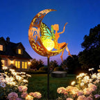 Solar Garden Statues Outdoor Decor with Butterfly Fairy & Moon, Cracked Glass Solar Light Stake, Gradient Wings, Gift for Mother's Day, Housewarming, Pathway & Patio Decor for Yard, Lawn & Garden