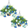 2 Pack Artificial Flowers Hanging Baskets for Outdoors, 10 PCS UV Resistant Faux Outdoor Plants, Fake Petunias Silk Flowers for Garden Balcony Yard Porch Decor (White Blue)
