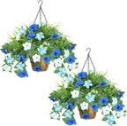 2 Pack Artificial Flowers Hanging Baskets for Outdoors, 10 PCS UV Resistant Faux Outdoor Plants, Fake Petunias Silk Flowers for Garden Balcony Yard Porch Decor (White Blue)