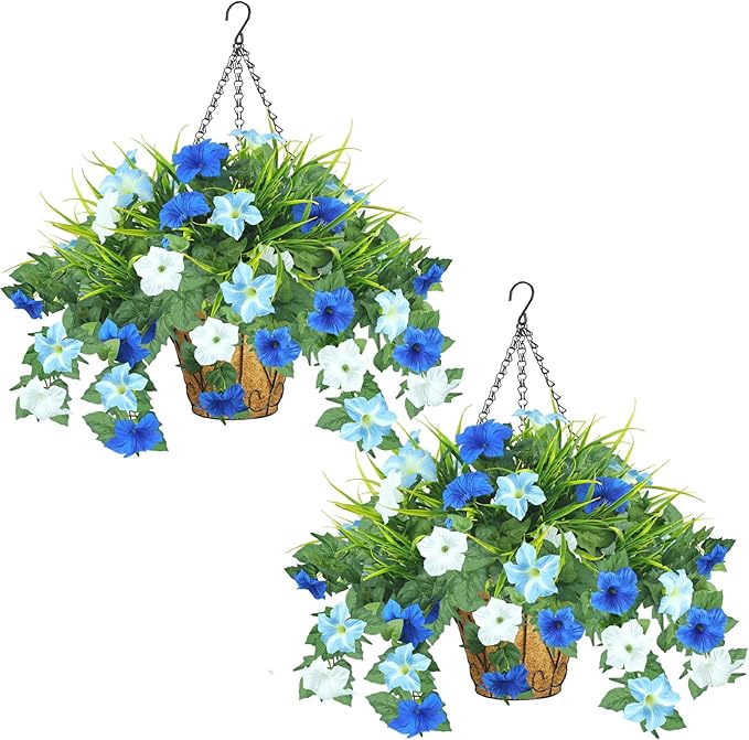 2 Pack Artificial Flowers Hanging Baskets for Outdoors, 10 PCS UV Resistant Faux Outdoor Plants, Fake Petunias Silk Flowers for Garden Balcony Yard Porch Decor (White Blue)