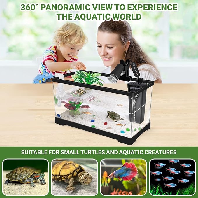 GOZILLA Aquatic Turtle Tank Kit+Lamp+Filter, Upgrade PC Turtle Tank Starter Kit with Adjustable Lamp & Filter,Reptile Habitat with Lid,Hanging Platform for Small Reptiles.(15.75×7.9×9''/Black Kit)