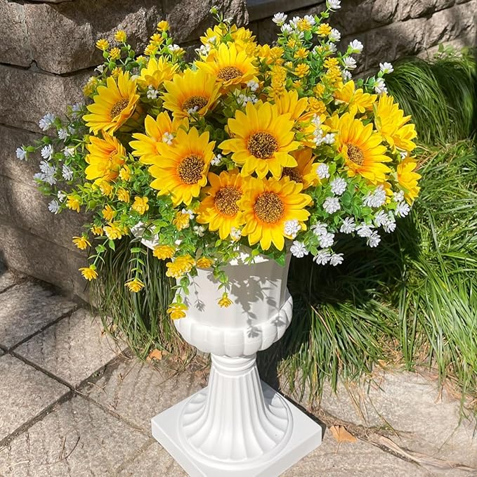 Artificial Sunflowers Faux Flowers Plants for Spring Outdoor UV Resistant, Fake Silk Realistic Yellow Sun Flowers for Easter Outside Porch Planters Patio Home Decoration, 8 Bundles