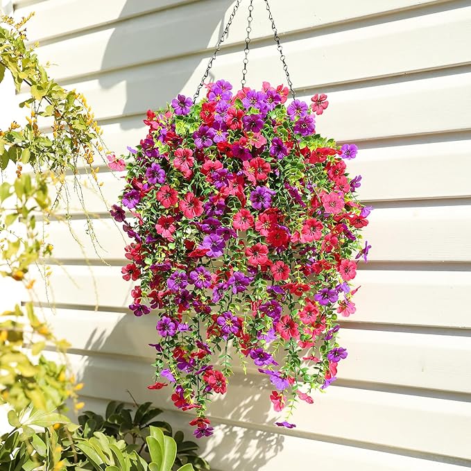 Artificial Flowers for Outdoors Spring Decor, 6 Bundles UV Resistant Realistic Faux Silk Hanging Flowers, Fake Plants for Planter Indoor Outside Garden Porch Patio Balcony Yard(Fuchsia Purple)