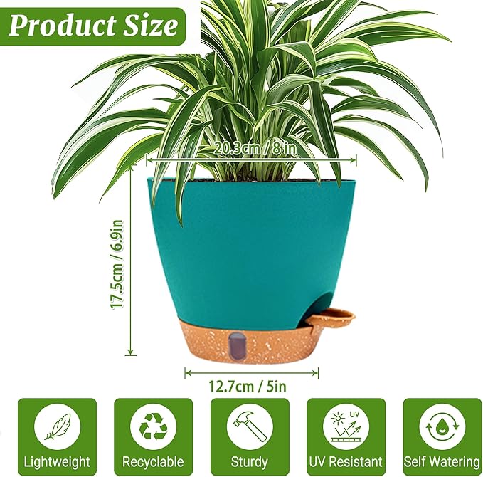 2 Pack 8 inch Plant Pots, Plastic Self Watering Planters with Drainage Holes, Deep Reservoir, Water Level Indicator, Modern Decorative Flower Pots for Indoor Outdoor Plants (Turquoise)