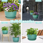 WSMKSZ 12 Inch Large Plant Pots for Indoor or Outdoor Plants, Wide Water Ripples Flower Pots with Drainage Holes & Saucer, Plastic Planters Set for Garden & Home Decor (Blue Green)