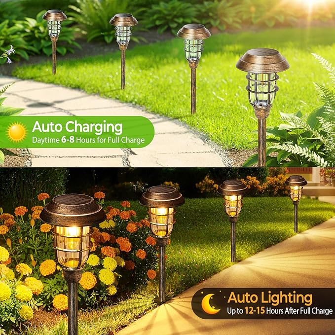 LETMY Solar Outdoor Lights, 8 Pack Bright Solar Pathway Lights Outdoor Waterproof, Up to 12 Hrs Auto On/Off Solar Garden Lights Outdoor Solar Lights for Yard Patio Walkway Driveway Pathway - Bronze
