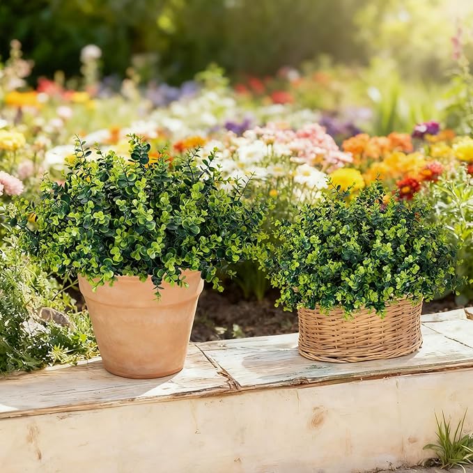 17 Inch Artificial Plants Outdoor Faux Shrubs Eucalyptus Boxwood Grass UV Resistant Fake Plant Greenery Decor for Indoor Window Garden Patio Pathway Front Porch Home Decor（12 Bundles,Green）
