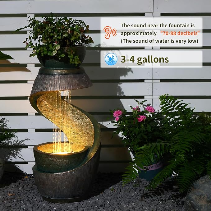 31.9" Outdoor Water Fountain with Lights – S-Shaped Water Feature Outdoor Modern Resin Waterfall Feature with Bowl Planter, Decorative Garden Fountain for Patio Balcony Porch Yard, Gold