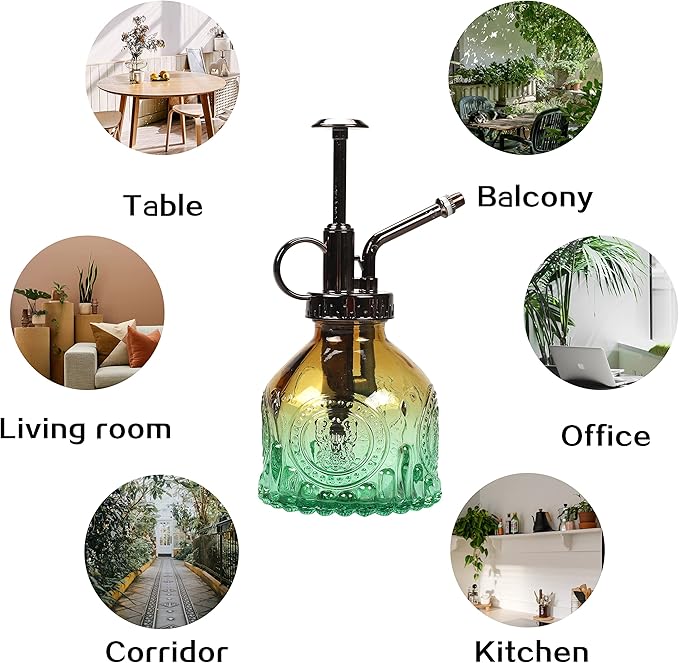 TOMEX Glass Plant Mister Spray Bottle 200ML Watering Bottle with Top Pump Watering Can for Indoor Outdoor House Plants,Flowers (Brown-Green)