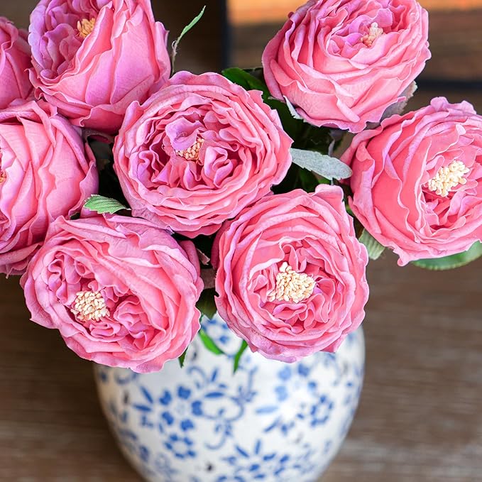DUYONE Fake Flowers for Decoration Home Decor Artificial Flowers Austin Rose Peony Latex Fake Flower Living Room Decoration Vivid Pink Roses Peonies (Rose red 4pcs)