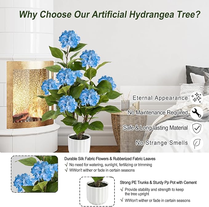 3FT Artificial Hydrangea Tree 2 Pack, Realistic Faux Hydrangea Plants in Pot with Blue Flowers, Lifelike Faux Greenery Home Indoor Outdoor Front Porch Garden or Wedding, Blue