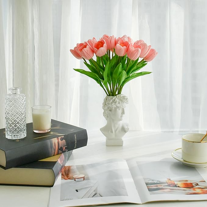 Mandy's Light Pink Partially Open Artificial Tulips Flowers Centerpiece, 13.5" Lifelike PU Fake Floral Stems 12pcs for Kitchen Island & Dining Table, Spring Decor for Easter