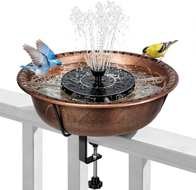 VIVOHOME Deck Mounted Bird Bath with Solar Fountain, Outdoor ABS Birdbath Bowl with Adjustable Metal Clamp, Solar Powered Pump for Railing, Fence, Balcony, 1.45 Gallons, Bronze