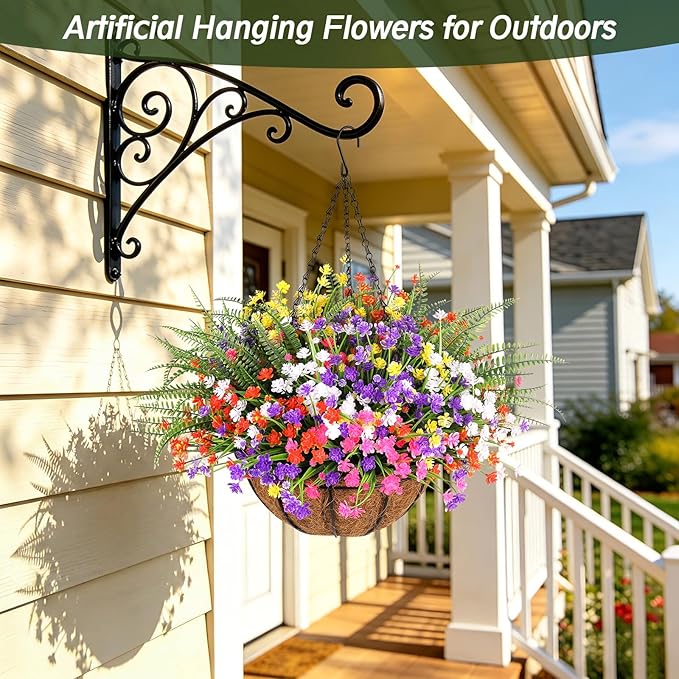 24 Bundles Artificial Outdoor Flowers, UV Resistant Faux Flowers for Outdoor Planters, Plastic Fake Plants for Front Porch Patio Garden Hanging Basket