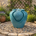 Teamson Home Floor Glazed Pot Water Fountain with Built-in LED Light and Pump for Outdoor Indoor Patio Garden Backyard Decking Home Décor, 17 inch Height, Teal