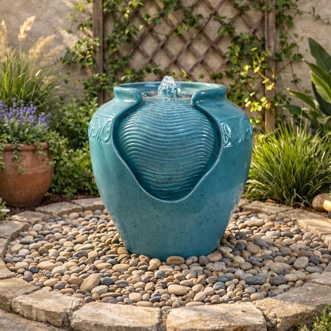 Teamson Home Floor Glazed Pot Water Fountain with Built-in LED Light and Pump for Outdoor Indoor Patio Garden Backyard Decking Home Décor, 17 inch Height, Teal