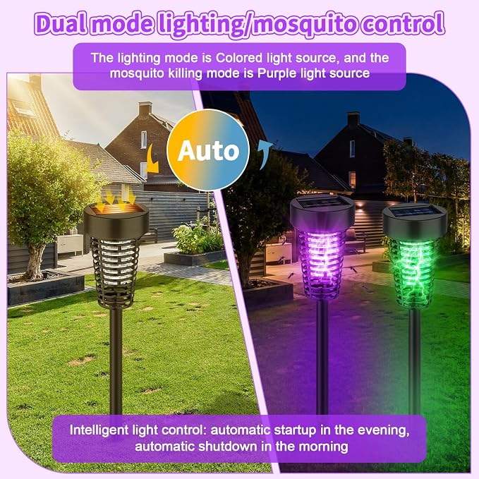 Qualirey 4 Pack Solar Bug Zapper Outdoor Waterproof Mosquito Repellent Killer Bug Zapper Lamp with LED Light for Outdoor Garden Patio Yard (Purple and Colorful Light,Black)