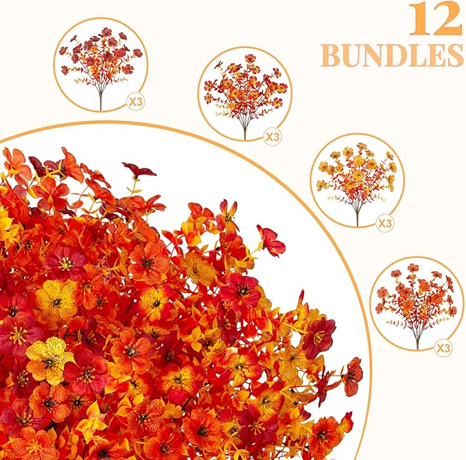 INXUGAO Artificial Fake Mums Fall Flowers for Outdoor Outside Decoration 12 Bundles Faux Silk Flowers Plants Realistic Daisy UV Resistant Fall Décor Autumn Front Door Porch Patio Yard Decoration