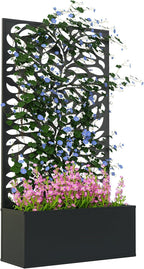 Outsunny Metal Raised Garden Bed with Trellis for Climbing Plants, Freestanding or Wall Mounted Flower Bed with Privacy Panel, Leaves Cut-Outs Outdoor Planter Box for Garden, Patio, Balcony