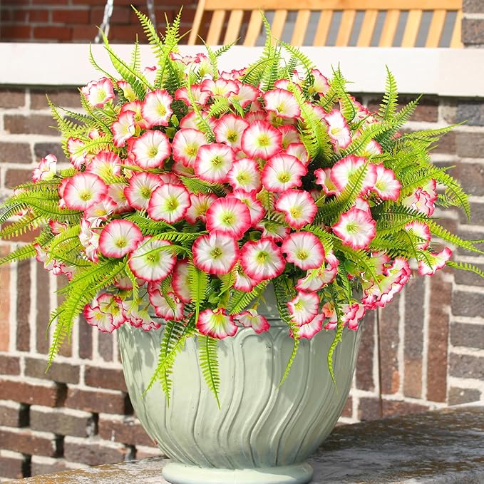 Artificial Flowers for Outdoors 12 Bundles Pink Artificial Petunias Fake Flowers UV Resistant Shrubs Plants with Fern for Indoor Outside Hanging Planters Home Garden Spring Decorations