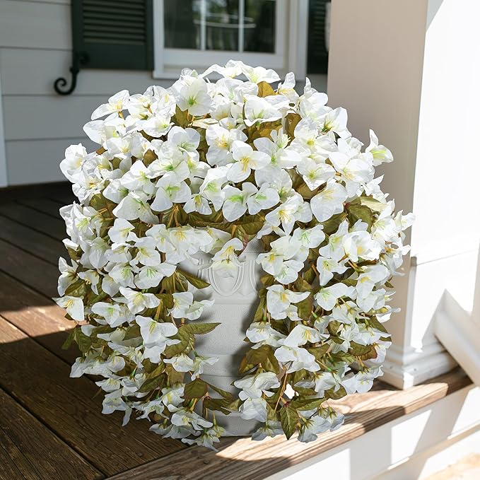 Bougainvillea Artificial Flowers Fake Plants for Outdoors Winter Decoration, 2 pcs Faux Long Trailing Vines UV Resistant Look Real White Silk Flowers for Outside Planter Front Door Porch Urn Yard Home