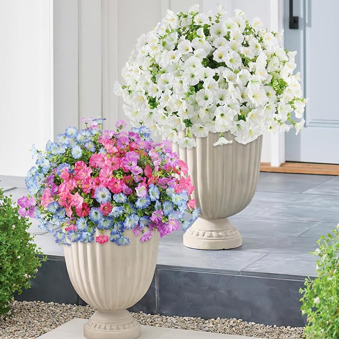 12PCS Artificial Flowers for Outdoor Decorations, Realistic Faux Silk Petunia Flowers for Outside, Fake Plants Morning Glory with Eucalyptus Porch Patio Planters Window Boxes Decor