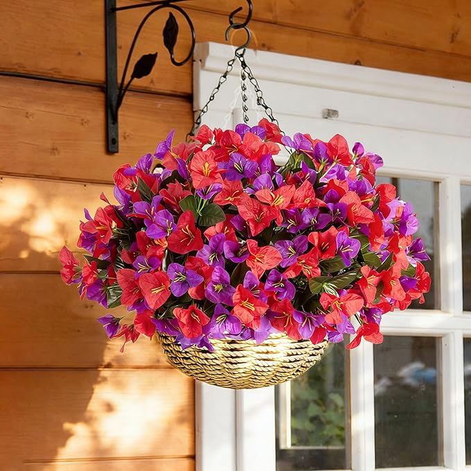 Artificial Faux Flowers for Outdoors Spring Summer Outside Decor, 4 Bundles Fake Silk Bougainvillea UV Resistant Look Real Faux Plants for Planter Patio Porch Window Garden Home Decoration, RedPurple
