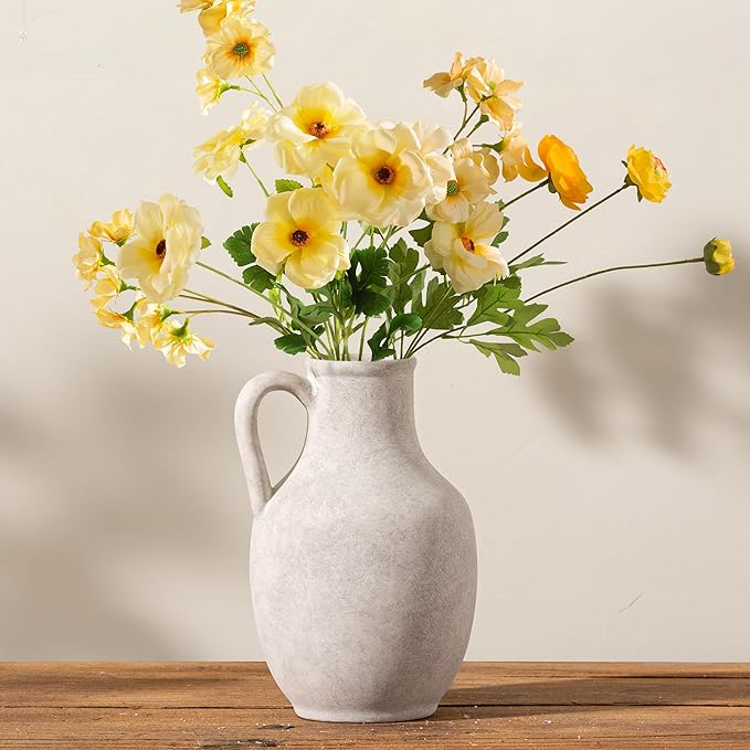 Ceramic Flower Vase Home Decor - 10 Inch Large White Rustic Table Flowers Vases Living Room Bedroom Plant Decorations Farmhouse Vintage for Kitchen Shelf Office Coffee Dining Desk House Women