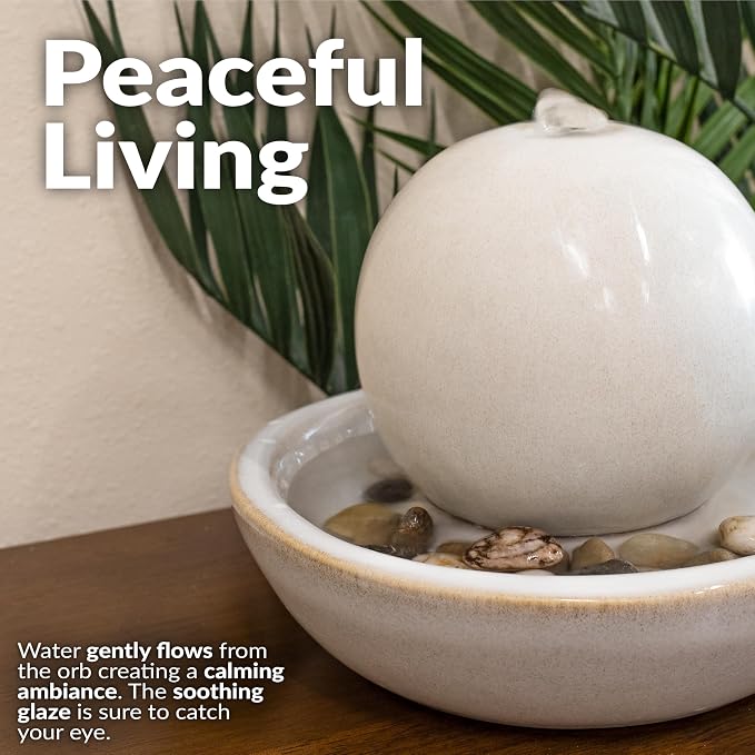 Sunnydaze Tabletop Ceramic Tabletop Fountain with Orb - Relaxing Indoor Fountain for Meditation - for Office, Bedroom, or Living Room - White