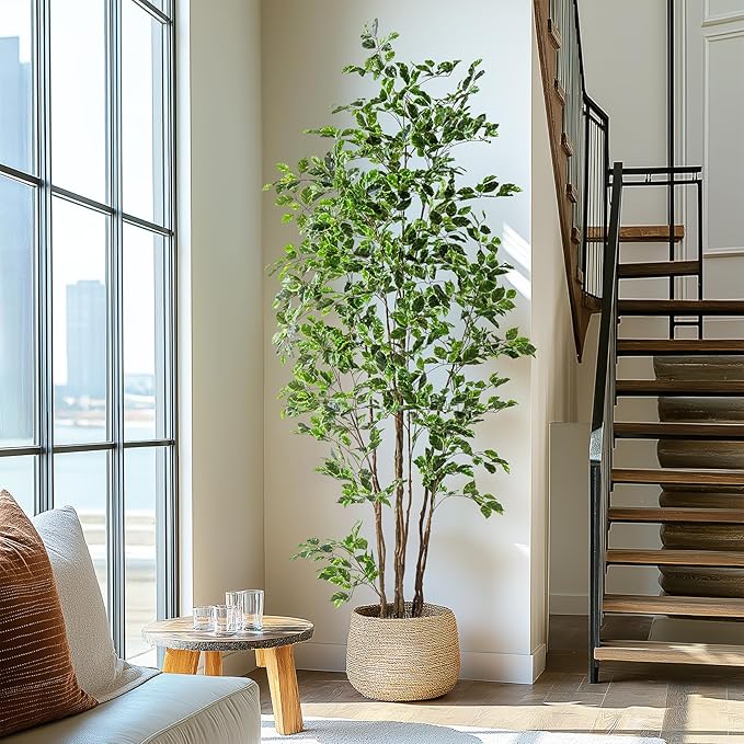 Bailikang Artificial Ficus Tree Indoor 8ft, Large Potted Faux Tree with Realistic Silk Leaves & Trunk for Home Office, Living Room Corner Decor
