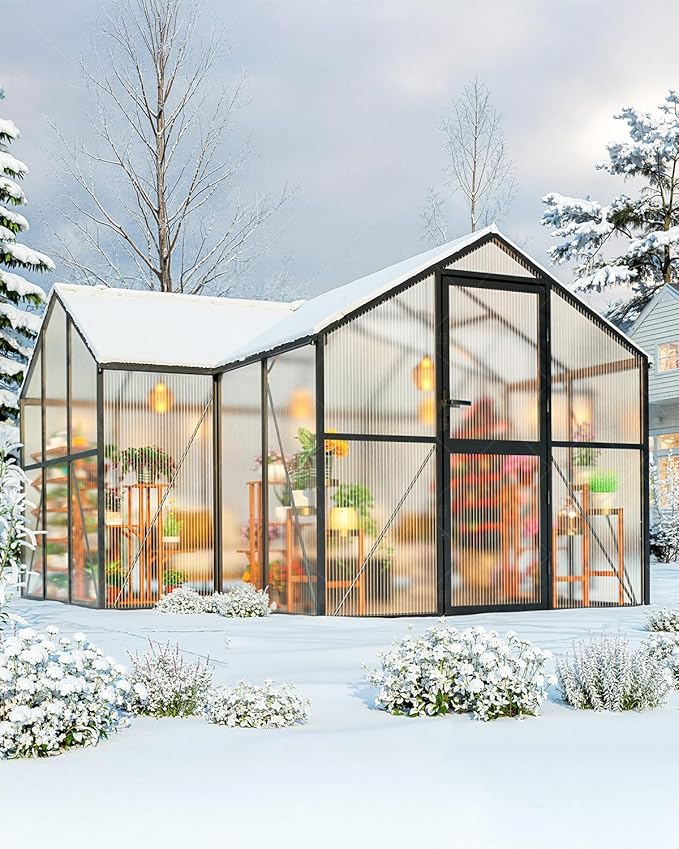 12x12 FT T-Shape Greenhouses, Polycarbonate Green House with UV Protection, Heavy Duty Greenhouse with Windproof Aluminum Frame, Roof Vent & Quick-Install Design for Backyard or Garden Use