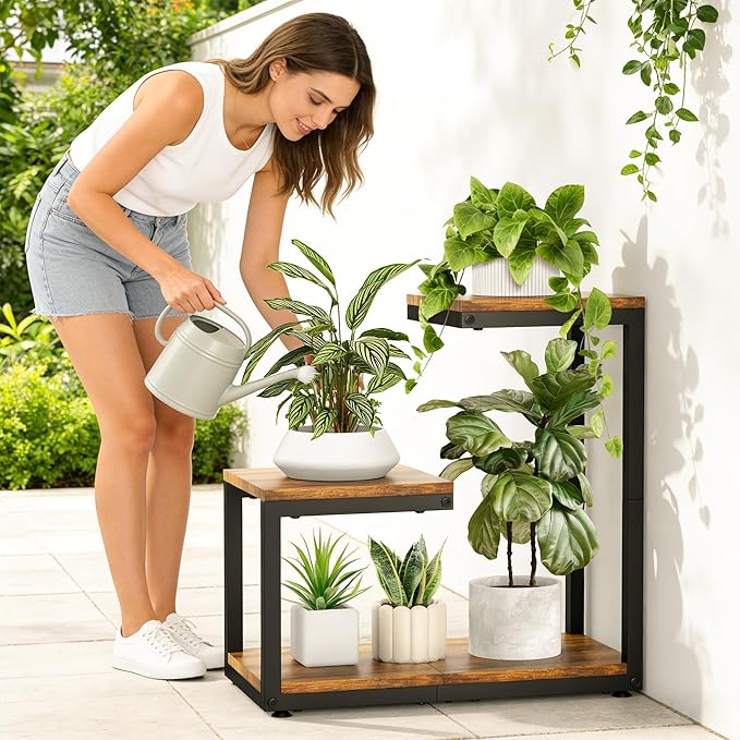 3 Tier Plant Stand Indoor, Thickened Metal Wood Corner Plant Shelf Stands for Multiple Plants, Indoor Tall Plants Stand Tiered Flower Holder for Living Room Patio Garden Balcony(Black+Brown)
