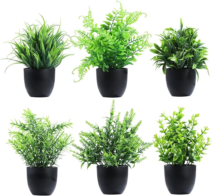 Clearain Fake Plants 6 Packs Artificial Plants Small Faux Plants Black Bathroom Accessories for Bathroom Home Kitchen Coffee Table Office Desk Decor Indoor (Black)