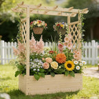 VINGLI 45 in Raised Garden Bed with Trellis & Hanging Roof, Wooden Elevated Planter Box with Drainage Holes for Outdoor Climbing Plants Vegetables Flowers, Patio Yard Balcony (Natural Wood, Medium)