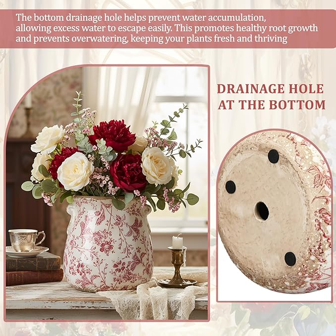 Ceramic Scroll Planter 6.5 Inch Chinoiserie Floral Vase with Drainage Holes Vintage Flower Vase Flower Pot Rustic Ceramic Pots for Indoor Plants Garden Home Bookshelf Decor(Retro Pink)