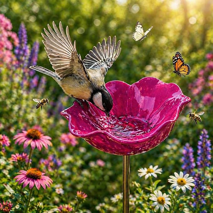 Metal Flower Garden Stakes Bird Bath, Handmade Metal Flower Garden Stake with Bee Bath, Bird Water Bowl Water Station for Outdoor Yard Lawn Patio Decor (Light Pink)