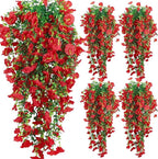 4-Pack Fake Hanging Plants, Faux Hanging Plant Artificial Greenery for Living Room Bedroom Boho Wall Shelf Indoor Outdoor Decor (Red Morning Glory)