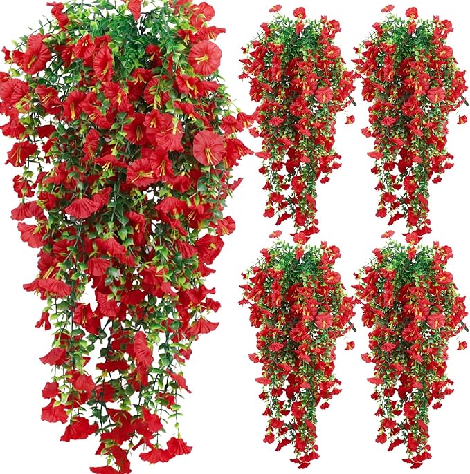 4-Pack Fake Hanging Plants, Faux Hanging Plant Artificial Greenery for Living Room Bedroom Boho Wall Shelf Indoor Outdoor Decor (Red Morning Glory)