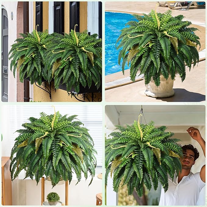 MARTINE MALL 48 inch 88 Leaves XXL Large Fake Ferns Artificial Ferns for Outdoors Look Real, UV Resistant Faux Boston Fern for Outdoor Planter Realistic Hanging Artificial Fake Plants for Porch Patio