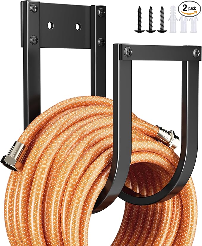 Garden Hose Holder Wall Mount - Metal Water Hose Hanger for Outside, Durable Hook for Garden, Garage, or Yard Storage (2 Pack)