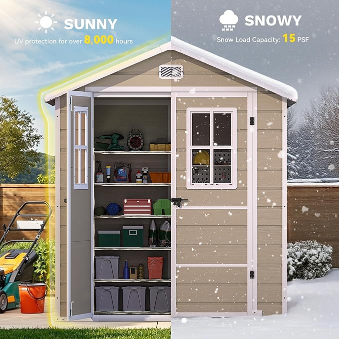 DWVO Outdoor Storage Shed 6x4.4ft Plastic Garden Tool Shed with 2 Vision Windows, Double-Wall Outside Shed for Mower Lawn, Garden Tool for Backyard Lawn Patio, Lockable