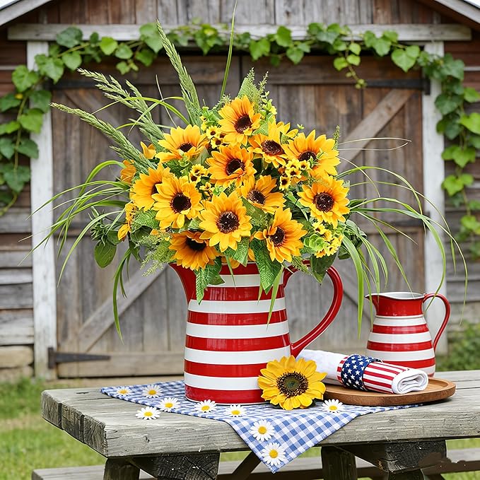 AmyHomie Artificial Sunflowers for Outdoors - 2 Bunches Fake Sunflower Bouquets with 14 Large Blooms, UV Resistant Silk Flowers for Home Wedding Fall Decor, Garden Party Centerpieces, 17.7 Inches