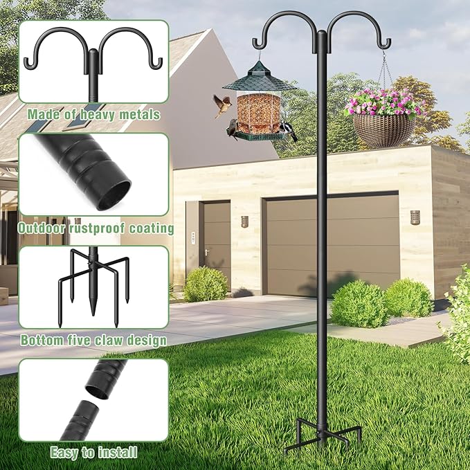 Double Shepherds Hooks for Outdoor, 60" Heavy Duty Bird Feeder Pole with 5-Prong Base - Rust-Proof, Adjustable Bird Feeder Hanger for Garden, Wedding Decor & Hanging Plants
