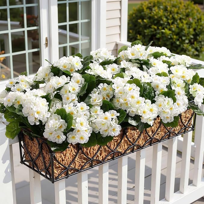 Alupssuc 8Pcs Artificial Geranium Flowers for Outdoors Decoration Silk Floral, UV Resistant Fake Plants, Faux Flower for Porch Garden Table Centerpieces Home Indoor Outside Spring Decor(8, White)
