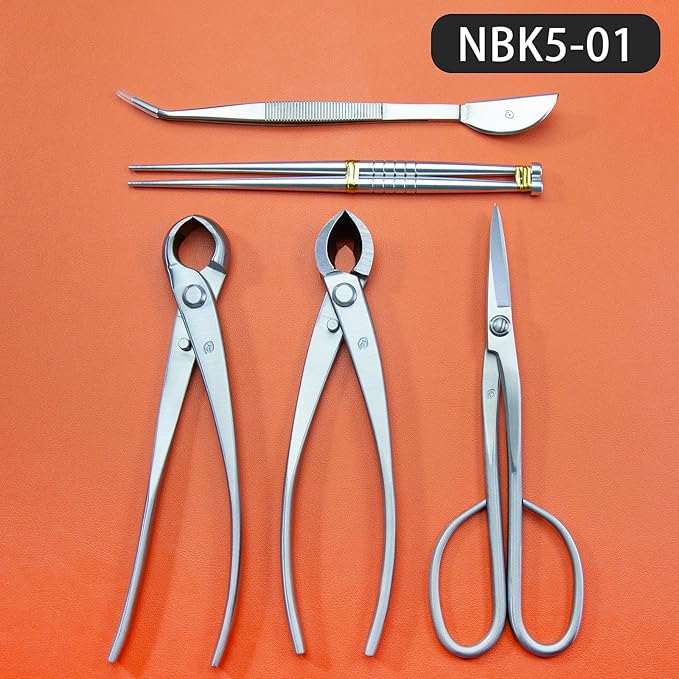 TianBonsai Bonsai Tools 5-Piece Alloy Steel Bonsai tool Kit In Cluding 210mm Long Handle Scissors / 205mm Branch Cutter / 205mm Knob Cutter / 200mm Straight Root Hook / Tweezers (NBK5-01)