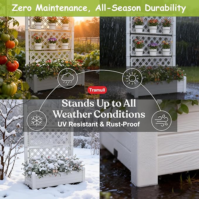 5' Tall Raised Garden Bed with Trellis, Self Watering Planter Box for Outdoor Climbing Plants Resin Garden Lattice for Vegetables, Flowers, Tomato & Vine with Drainage Holes (Ashen, 3 Pack)