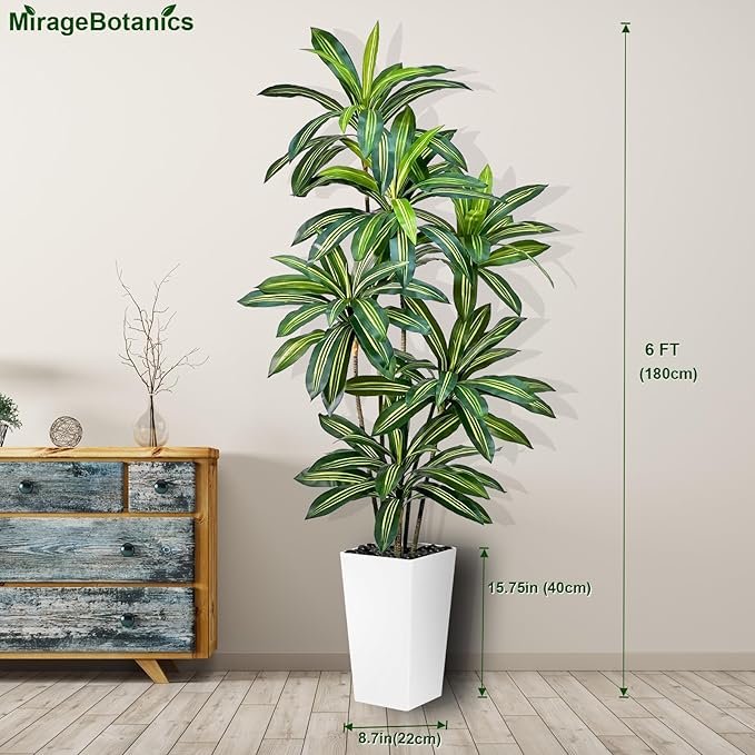 Artificial Dracaena Tree 6FT Tall Fake Plant with White Planter - Realistic Faux Dragon Tree with Tall Planter - Indoor Floor Plant for Home, Office,Mall, Living Room, Bedroom Decor