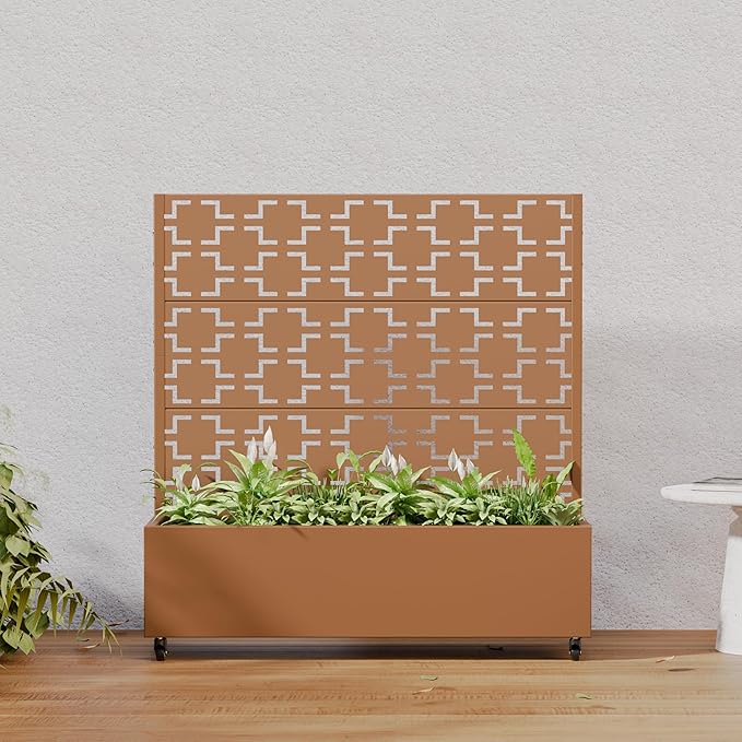 Casaphoria Metal Raised Garden Bed with Trellis and Wheels, 47"x47"x16" Planter Box for Climbing Plants, Vegetables & Vines, Features Drainage Holes and Privacy Screen, Brown-Square