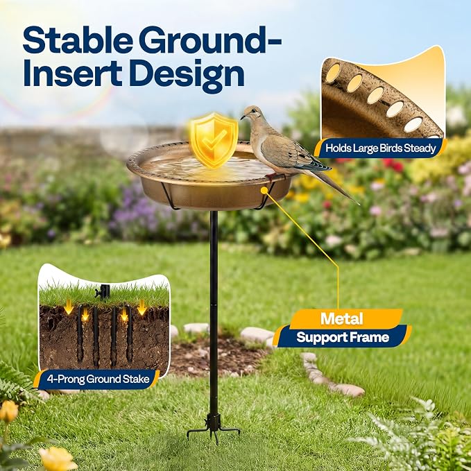 VIVOHOME Oval Bird Bath for Outside, Outdoor Birdbath Bowl with Metal Ground Stake, Weather-Resistant ABS Bird Bath and Feeder for Garden, 1.3 Gallons, Copper