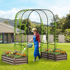 3 in 1 Galvanized Raised Garden Bed with 87" H Arch Trellis for Climbing Plants, Outdoor Gardening Planter Box with Climbing Net for Flower Vegetables Fruits Herbs, Wood Grain